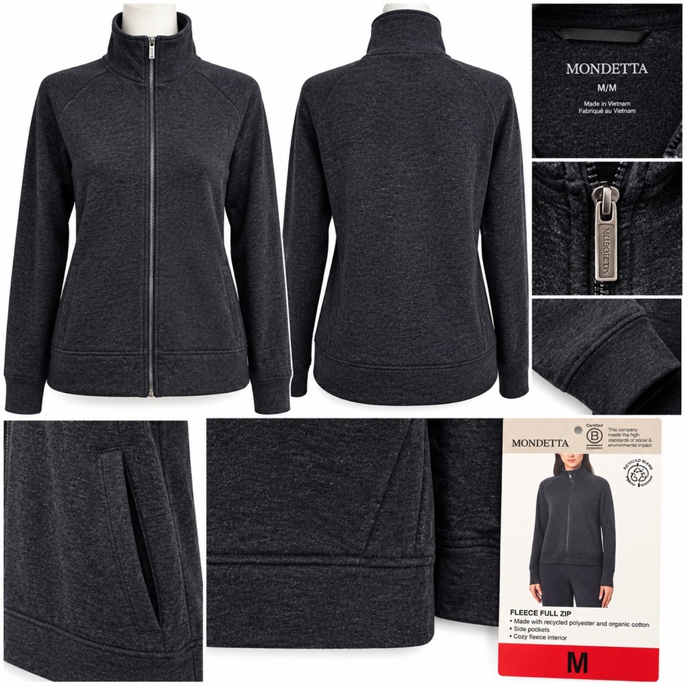 Mondetta Womens Fleece Full Zip Jacket Black Heather Mock Neck Size M NWT